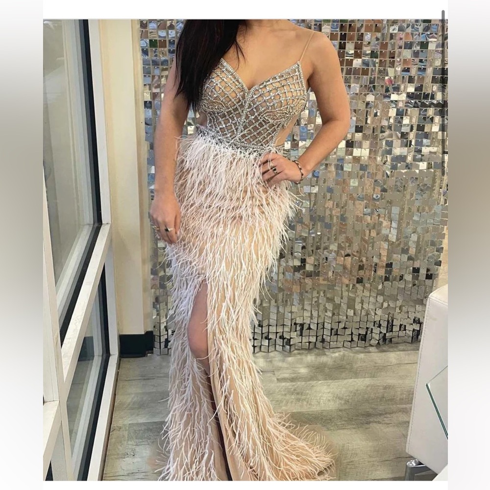 JASZ prom dress with feathers